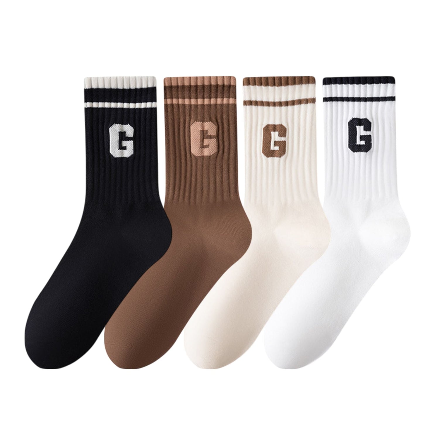 Anna-Kaci Women's 4-Pair Pack Ribbed Cotton Crew Socks with Striped Cuffs and G Letter Detail in Neutral Athletic Color Combinations