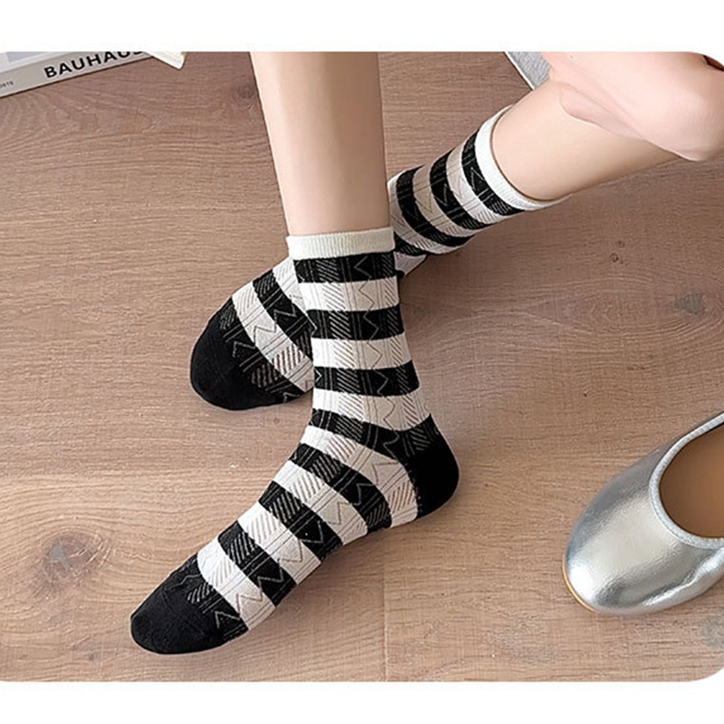Anna-Kaci 4 Pairs Women's Crew Socks with Black and White Patterns Soft Cotton Texture Heart and Stripe for Flats and Dress Shoes