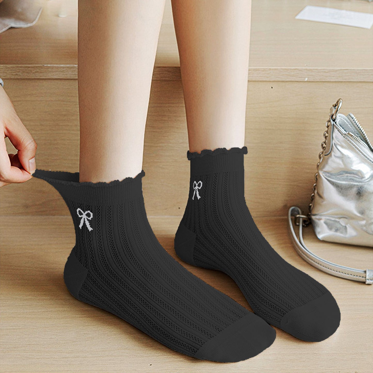 Anna-Kaci Women's Summer Ribbed Ankle Socks with Bow Embroidery 5Pk