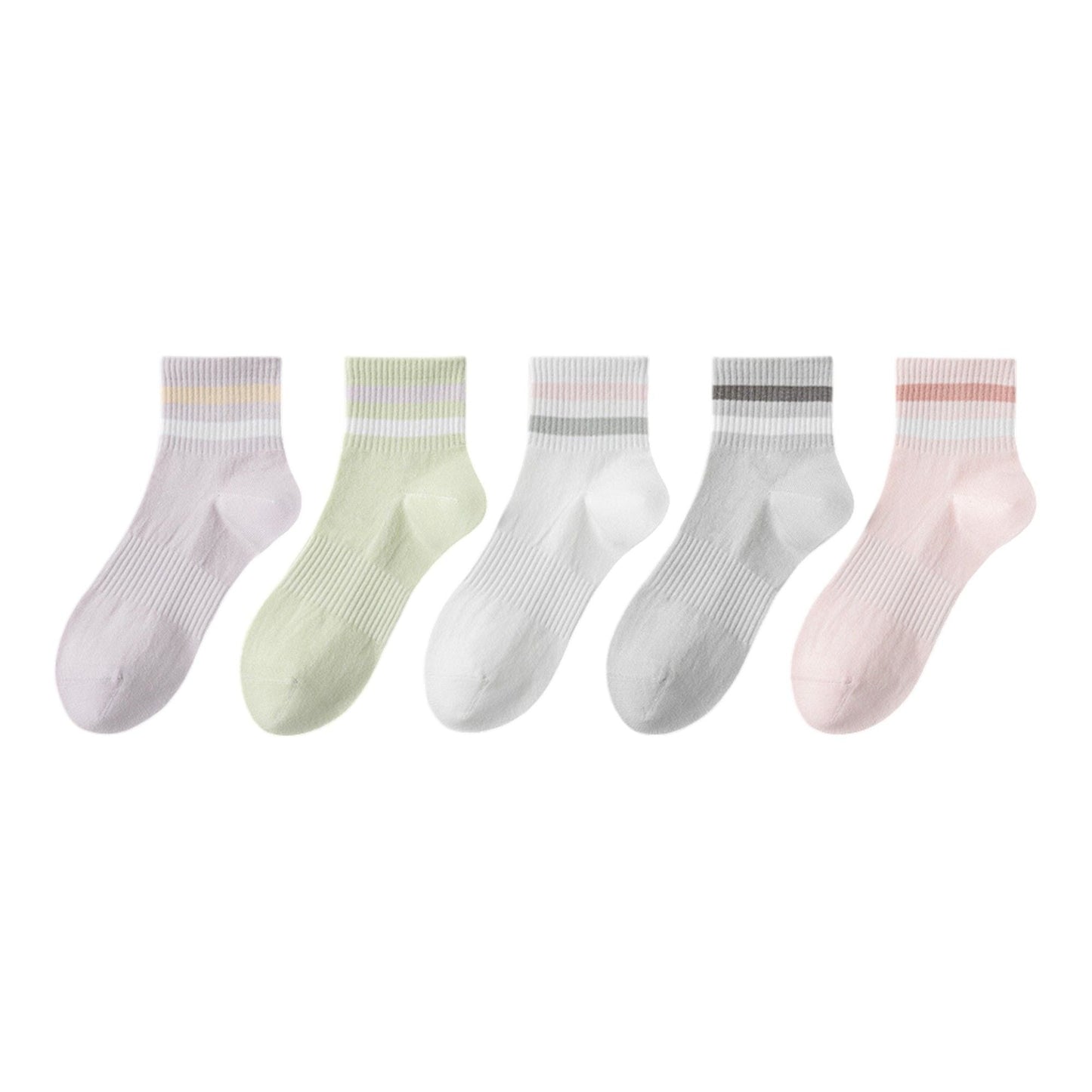 Anna-Kaci 5 Pairs Women Cotton Ankle Socks with Pastel Striped Cuffs Soft Breathable Knit Fabric for Everyday Comfort