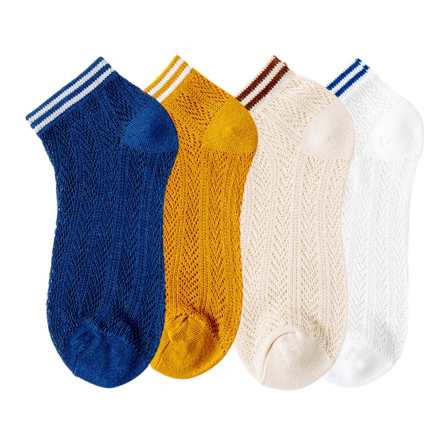 Anna-Kaci Women's 4-Pair Pack Lightweight Mesh Ankle Socks with Striped Cuffs Breathable Knit Texture