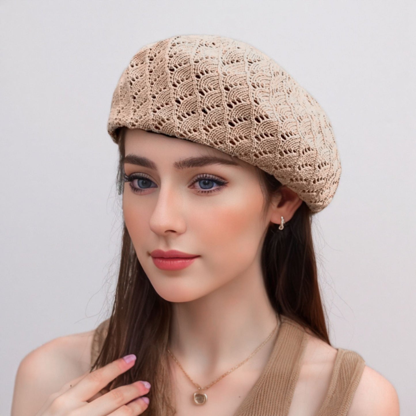 Anna-Kaci Women's Lightweight Crochet Beret Hat with Open Knit Pattern and Soft Stretch Fit