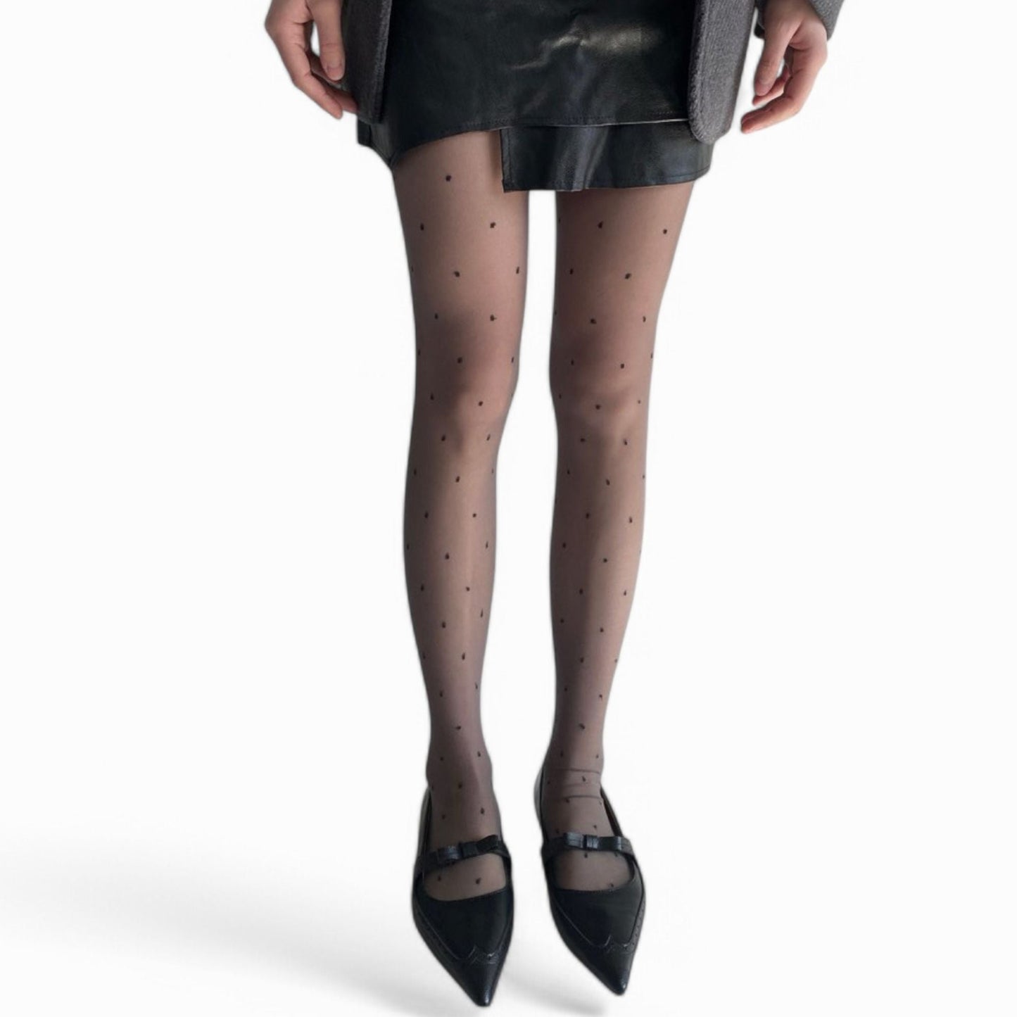 Anna-Kaci Women's Sheer Black Tights with Allover Polka Dot Pattern and Reinforced Toe Detail