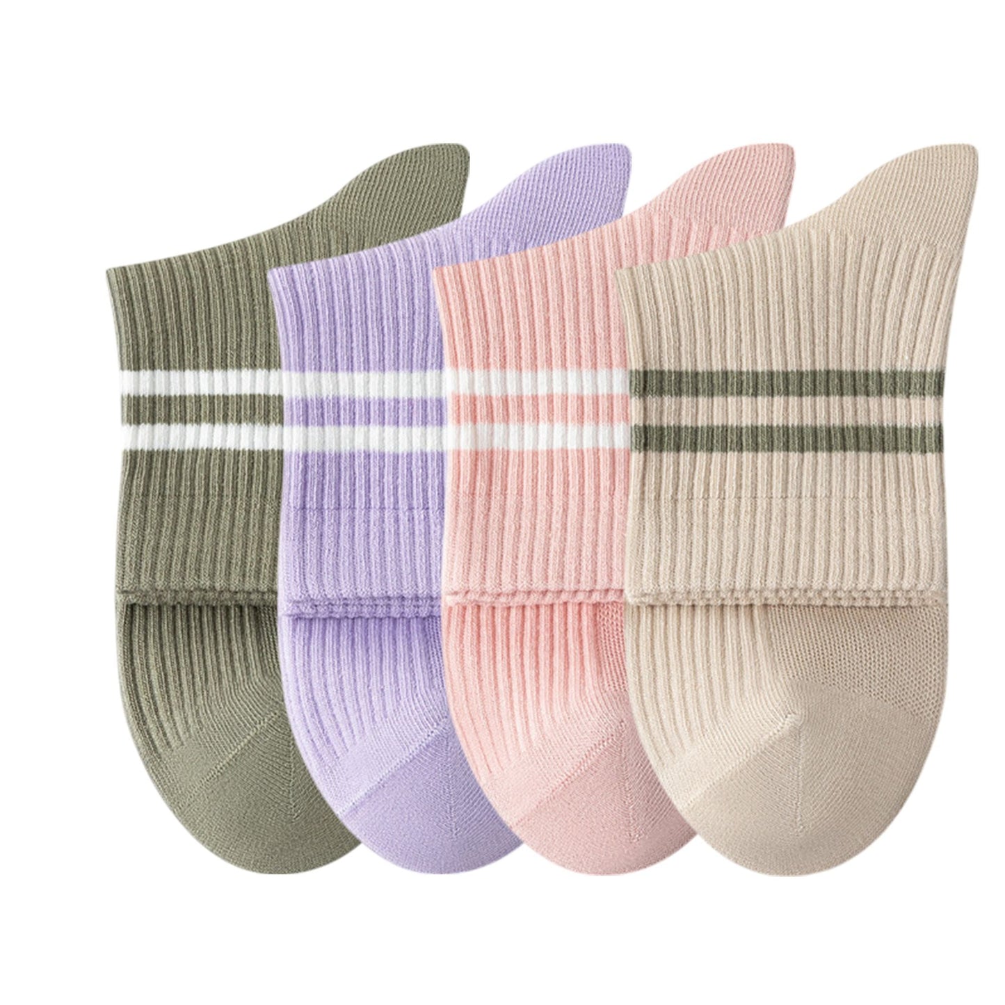 Anna-Kaci Womens Athletic Crew Socks 4-Pack Ribbed Knit Design Contrast Double Stripe Stretch Comfort Everyday Fit