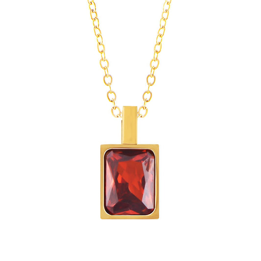 Women's Stainless Steel Necklace with 18K Gold Plated Pendant, Red Zircon Stone, Adjustable Chain, Modern Design