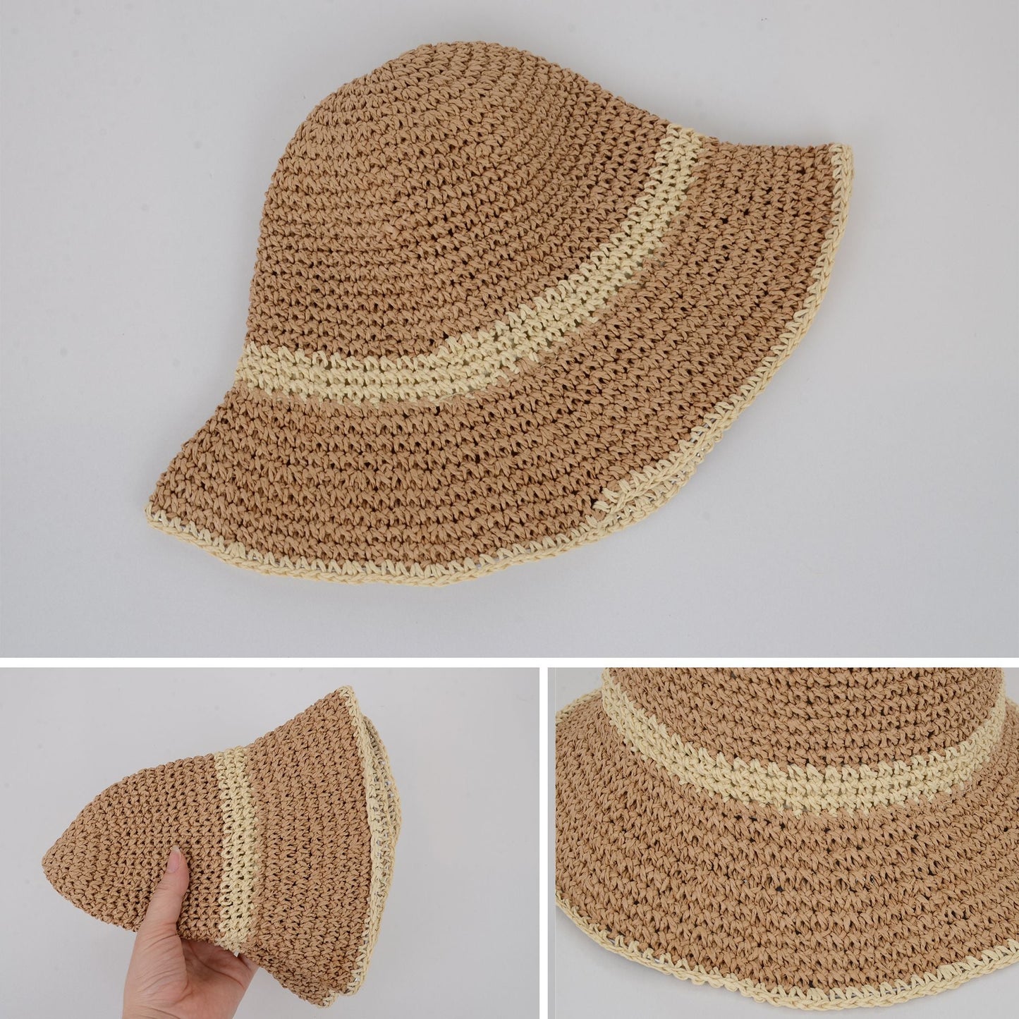 Anna-Kaci Packable Crochet Straw Bucket Hat with Two-Tone Design Lightweight Summer Sun Hat for Beach Travel Hiking Outdoor Use