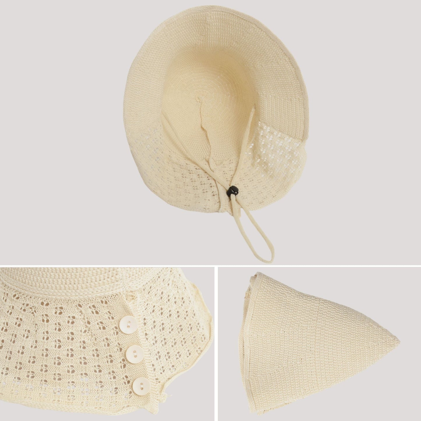 Anna-Kaci Crochet Bucket Hat with Adjustable Chin Strap and Back Button Eyelet Panel for Sun Protection