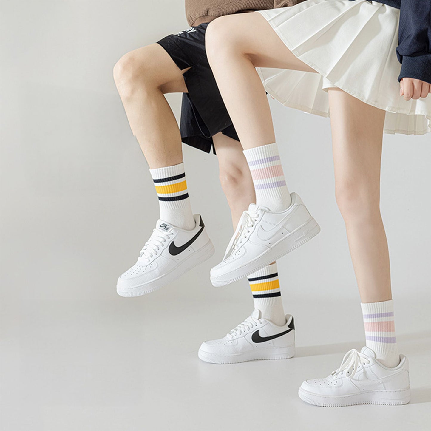 Anna-Kaci Crew Socks 4-Pack White Base Colorful Ribbed Cuff Striped Design Stretch Comfort Breathable Fit