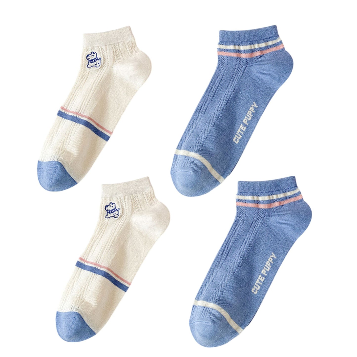 Anna-Kaci 4 Pairs Women's Low-Cut Mesh Knit Cotton Socks Cute Pattern Breathable Stretch for Everyday Casual Wear