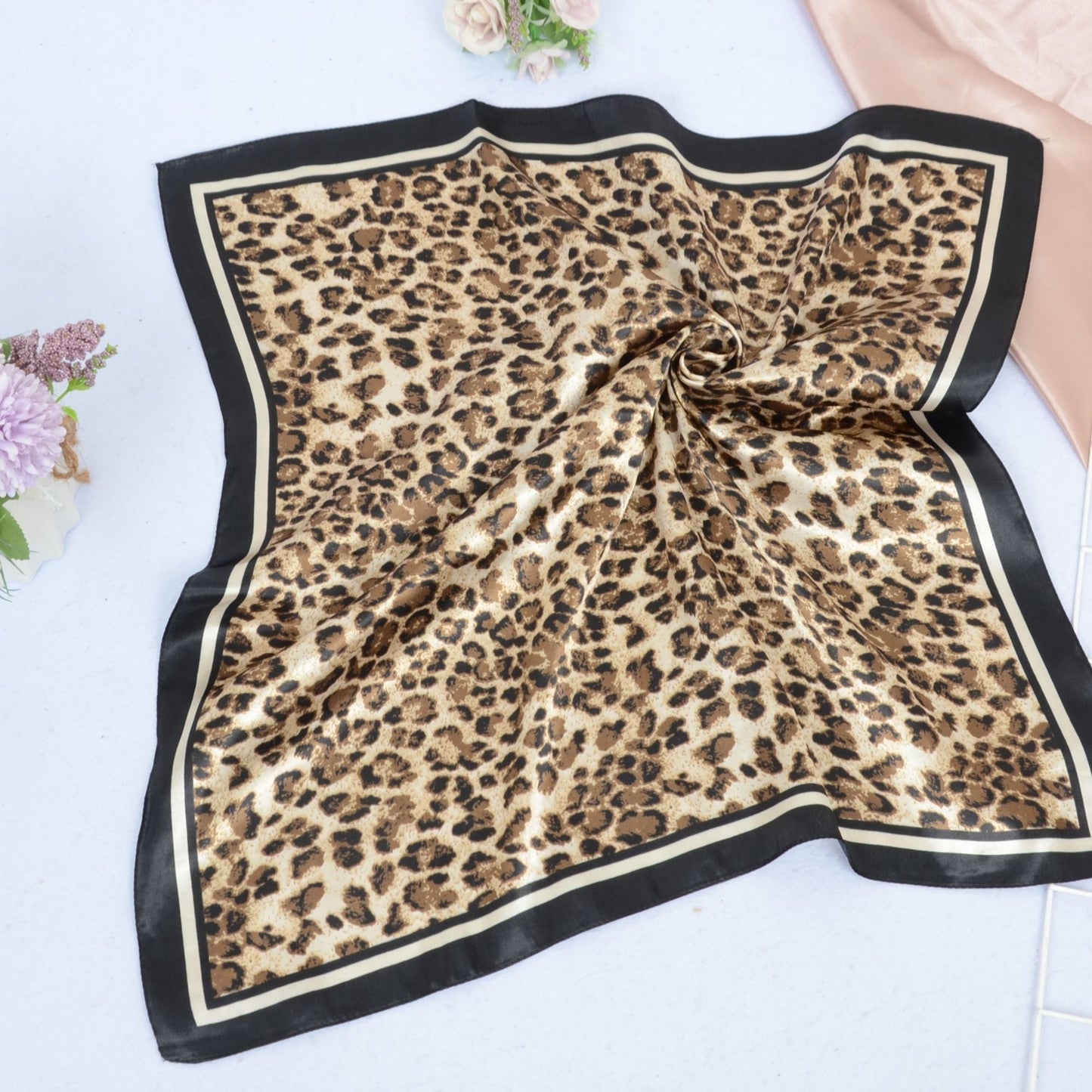 Anna-Kaci Women's Leopard Print Square Scarf with Contrast Border Satin Feel Lightweight Neck Accessory