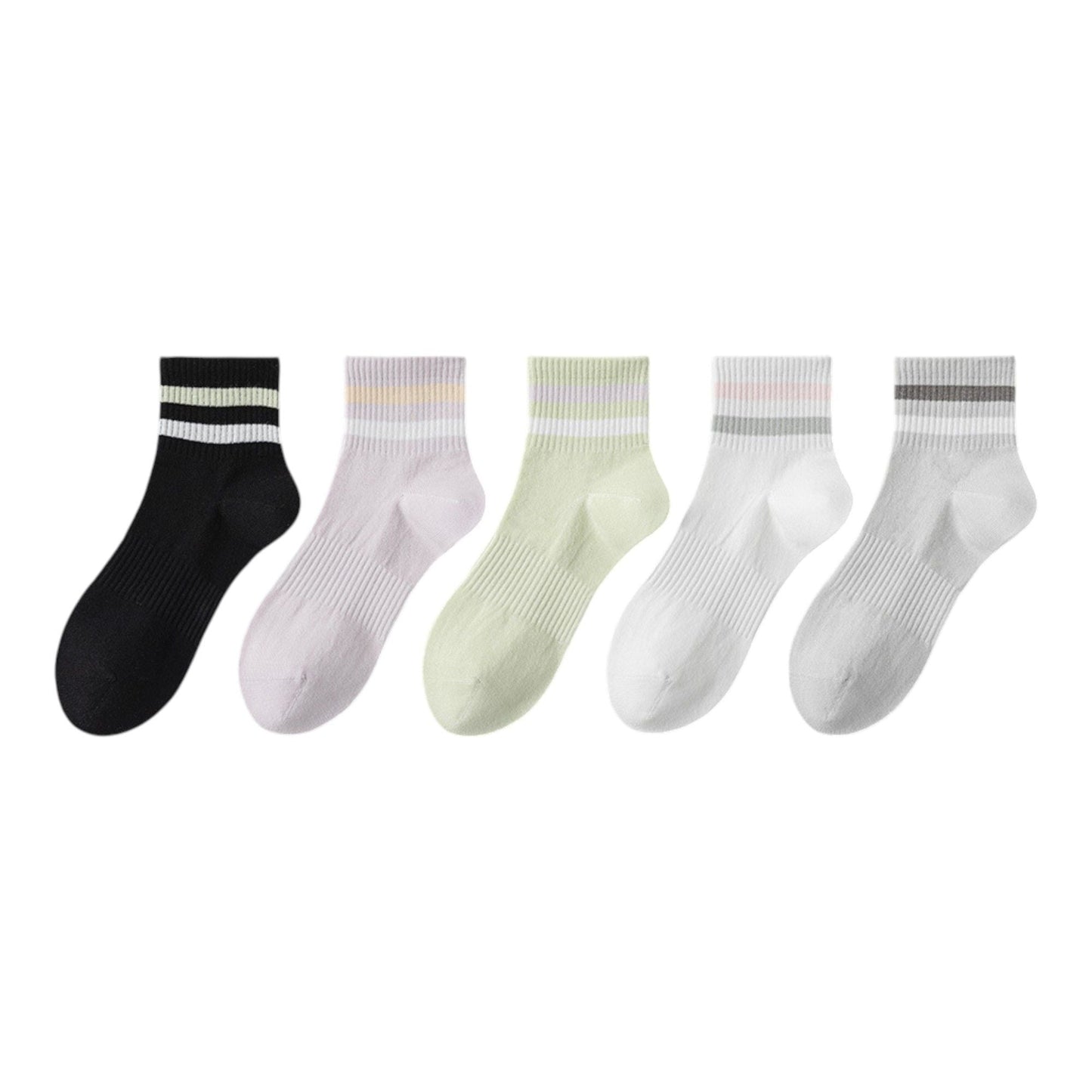 Anna-Kaci 5 Pairs Women Cotton Ankle Socks with Pastel Striped Cuffs Soft Breathable Knit Fabric for Everyday Comfort