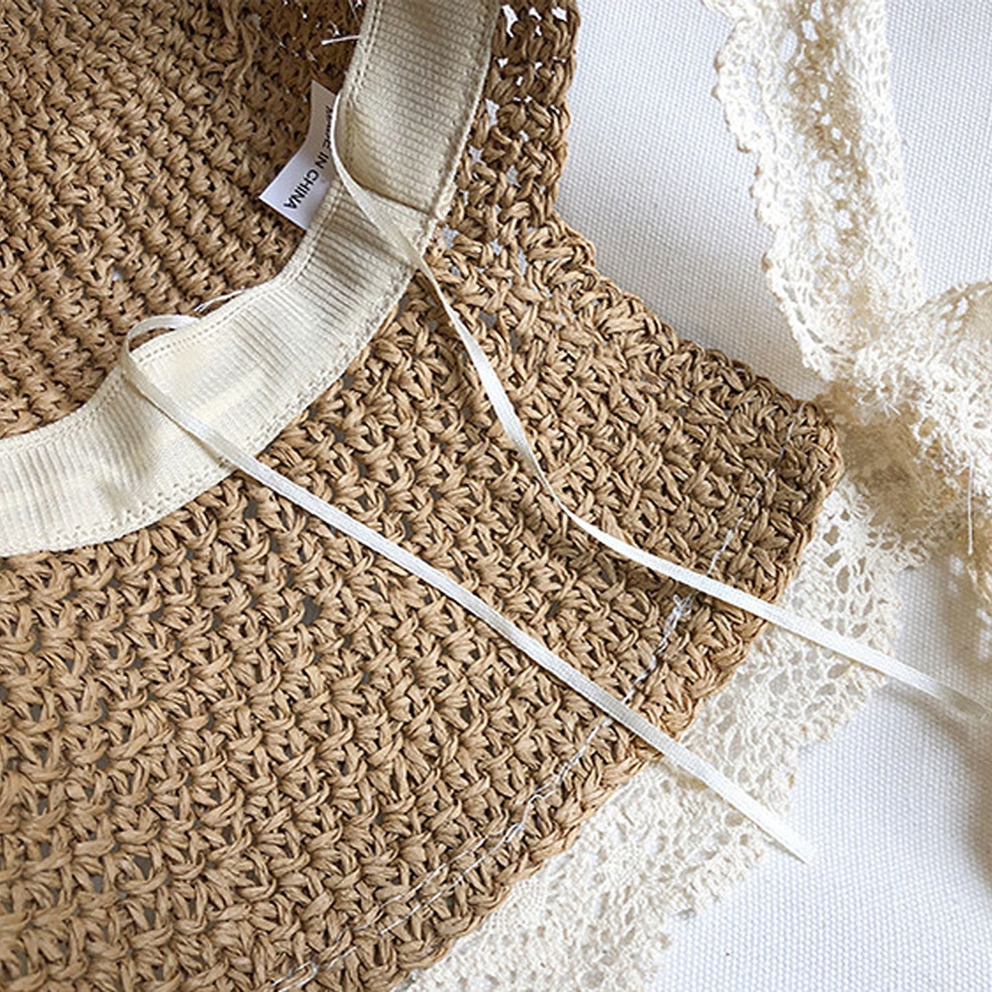 Anna-Kaci Women's Crochet Straw Hat with Lace Trim and Bow Detail