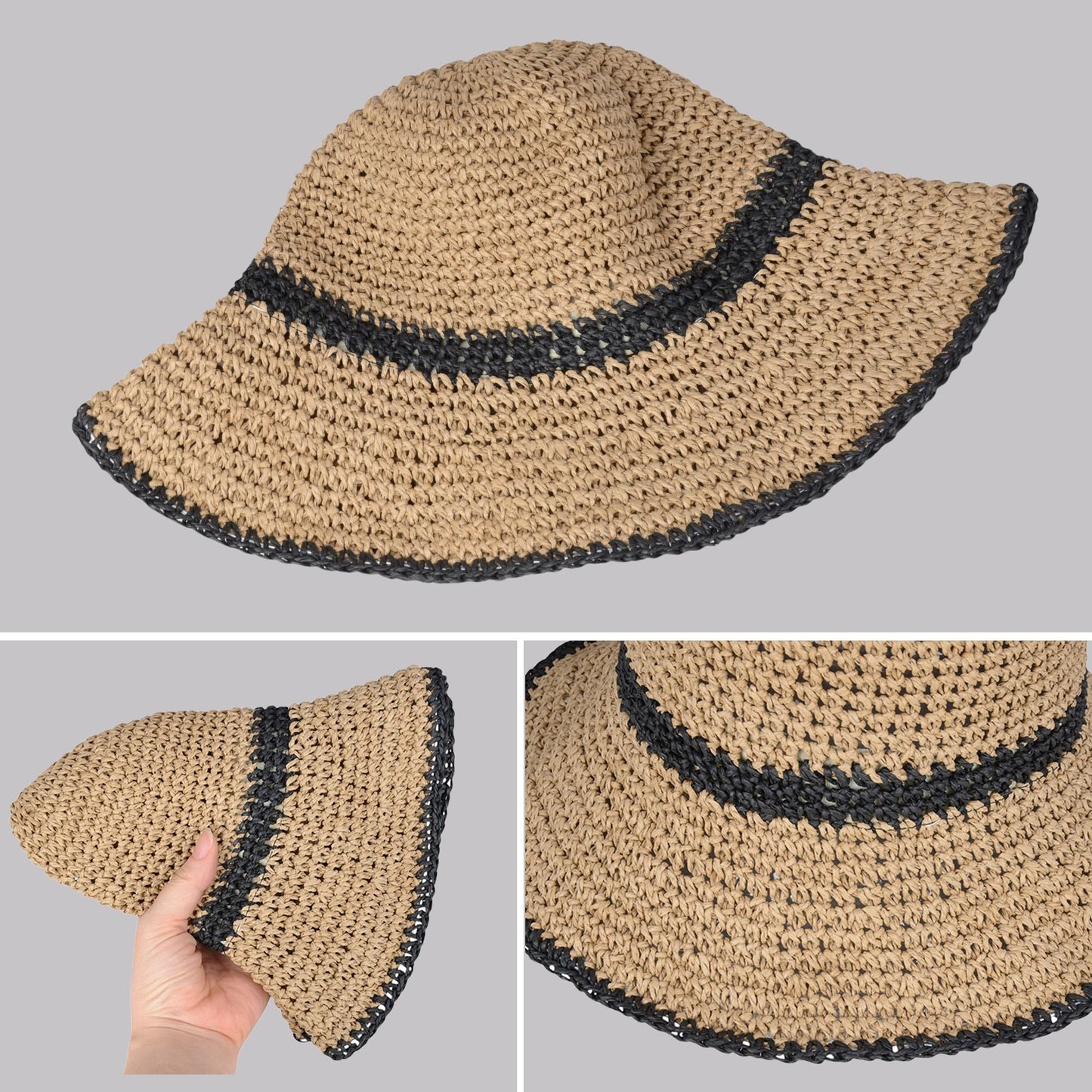 Anna-Kaci Packable Crochet Straw Bucket Hat with Two-Tone Design Lightweight Summer Sun Hat for Beach Travel Hiking Outdoor Use