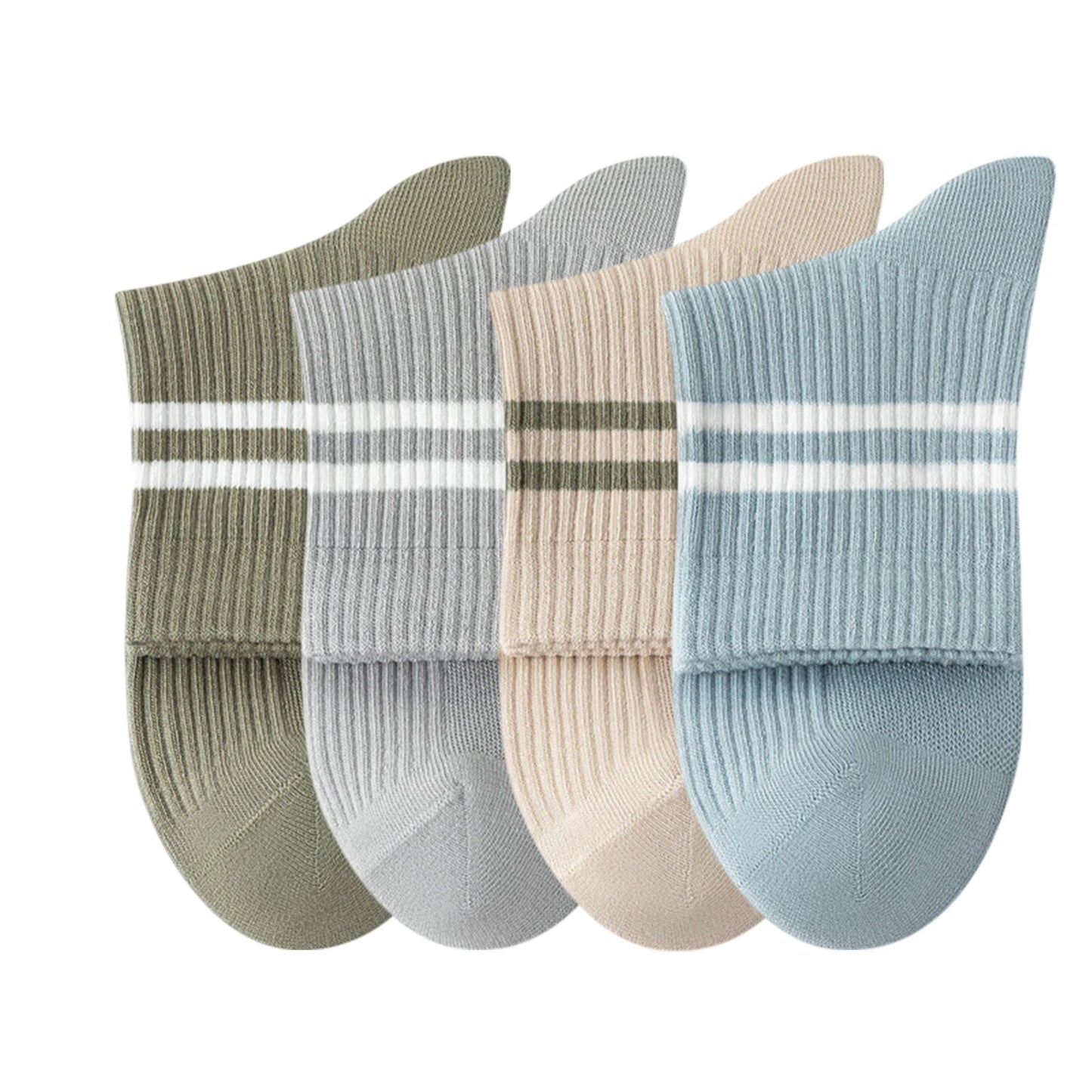 Anna-Kaci Womens Athletic Crew Socks 4-Pack Ribbed Knit Design Contrast Double Stripe Stretch Comfort Everyday Fit