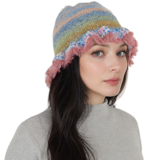 Colorful Striped Knit Bucket Hat Fluffy Trendy Winter Lightweight Foldable Crochet Fisherman Hat for Women