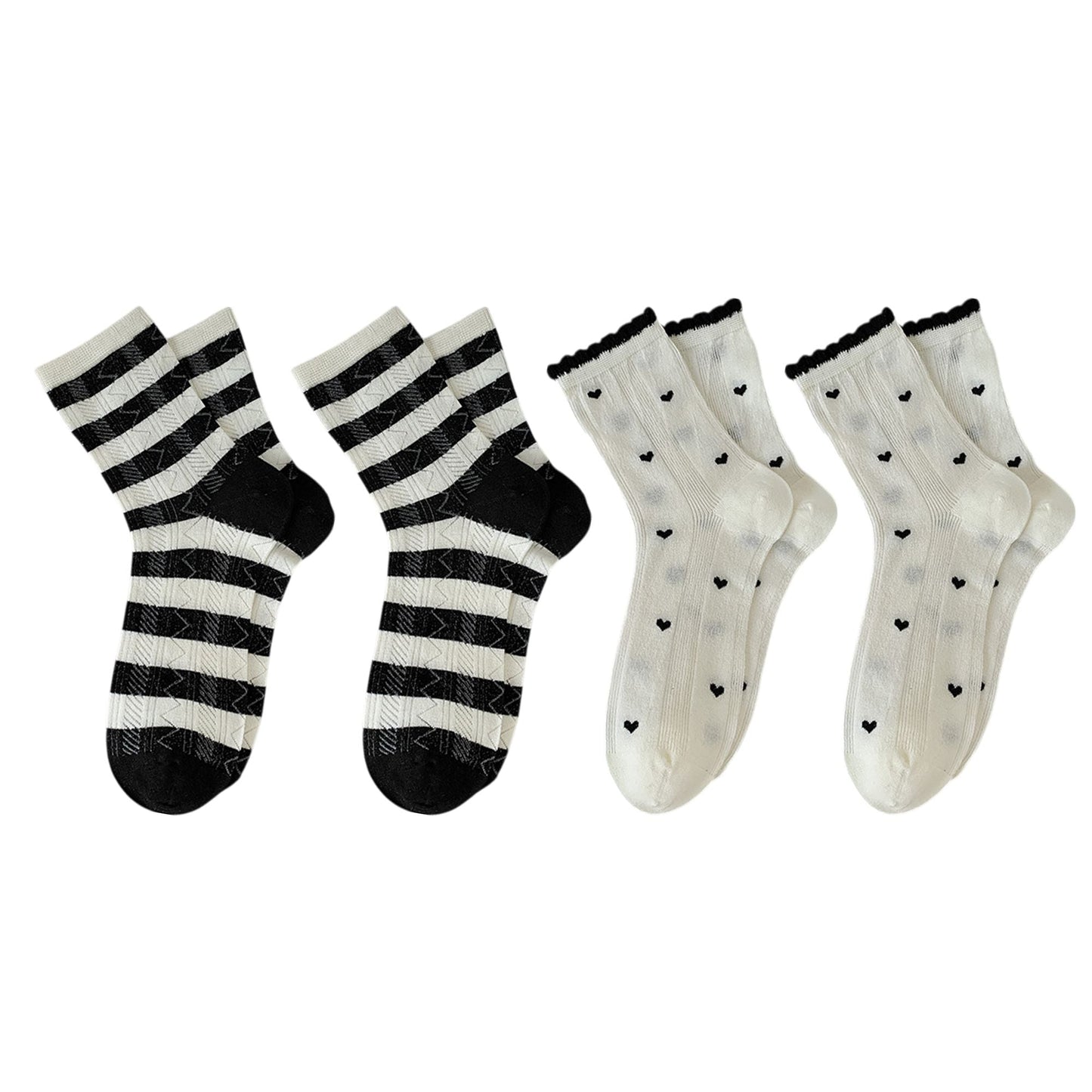 Anna-Kaci 4 Pairs Women's Crew Socks with Black and White Patterns Soft Cotton Texture Heart and Stripe for Flats and Dress Shoes