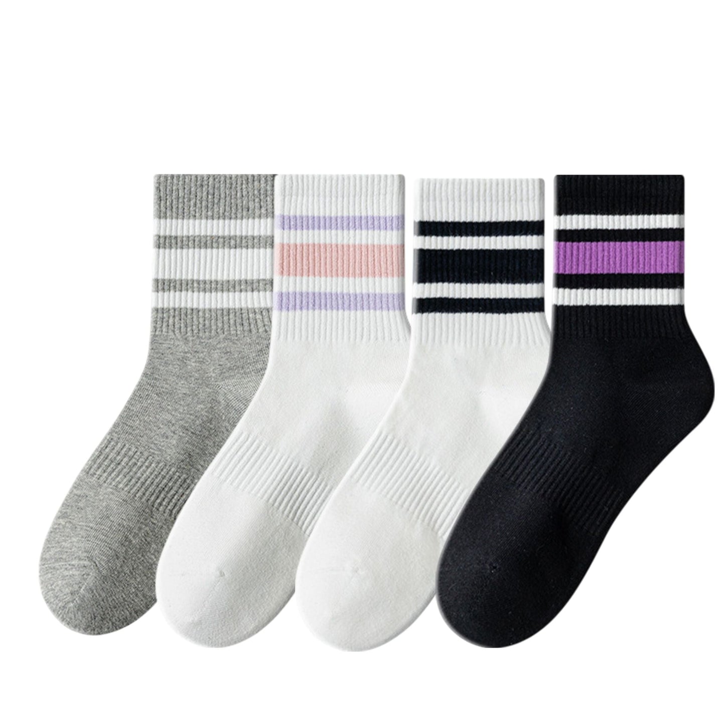 Anna-Kaci Crew Socks 4-Pack White Base Colorful Ribbed Cuff Striped Design Stretch Comfort Breathable Fit