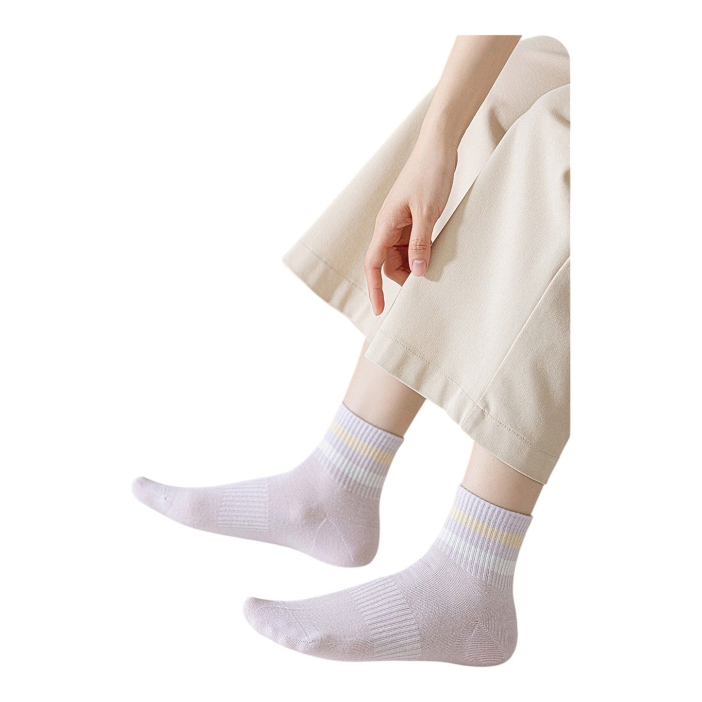 Anna-Kaci 5 Pairs Women Cotton Ankle Socks with Pastel Striped Cuffs Soft Breathable Knit Fabric for Everyday Comfort