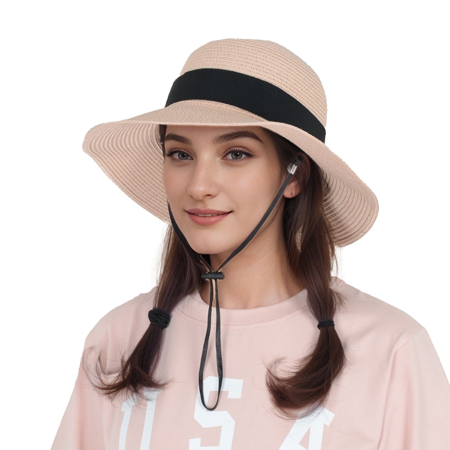 Anna-Kaci Wide Brim Straw Sun Hat with Black Ribbon Bow Adjustable Chin Strap Inner Sweatband for Outdoor and Travel Use