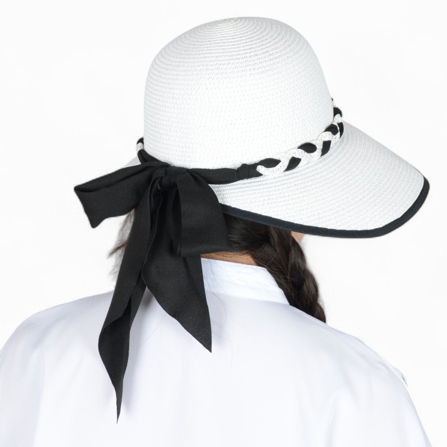 Anna-Kaci Women's Wide Brim Straw Hat with Braided Band and Contrast Bow Detail