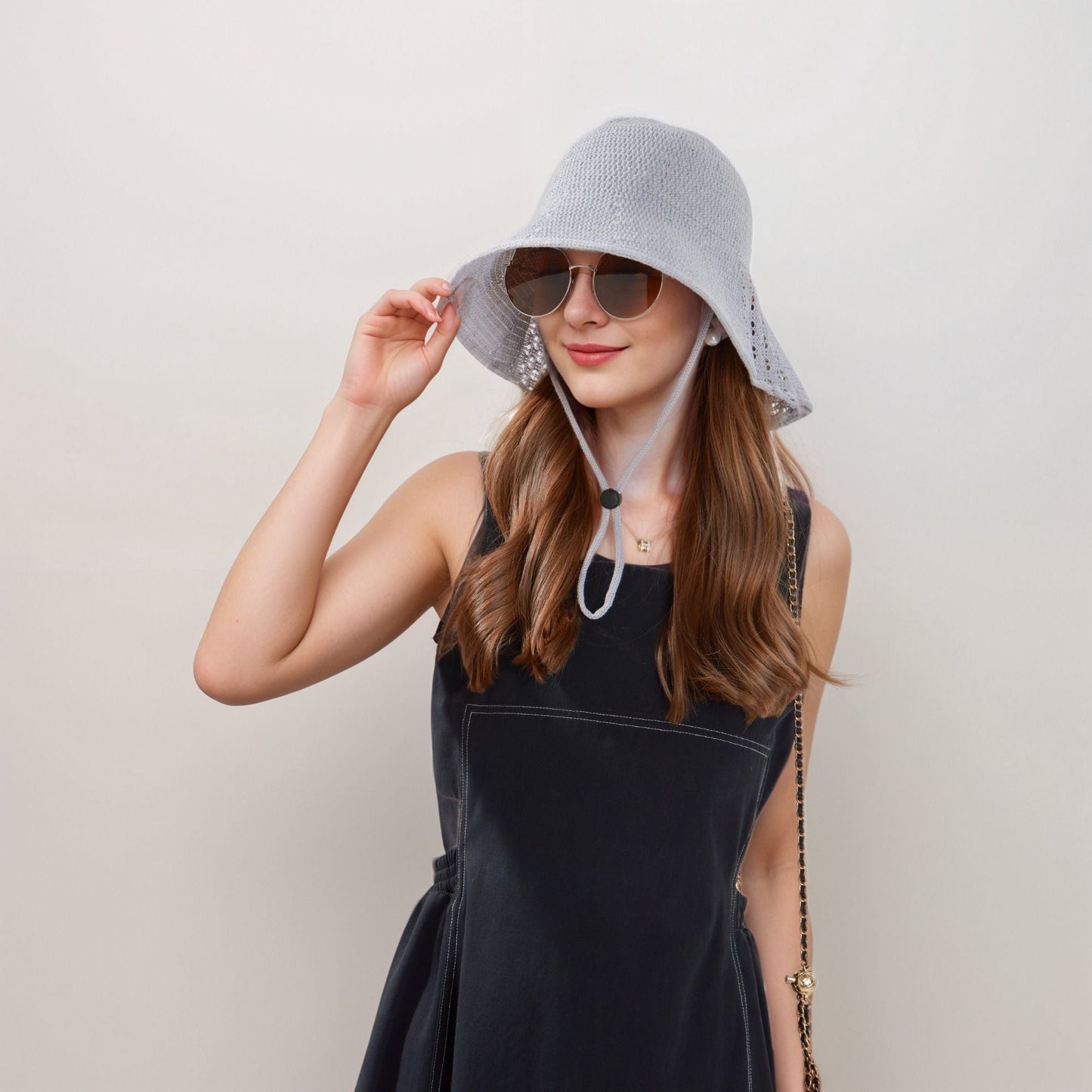 Anna-Kaci Crochet Bucket Hat with Adjustable Chin Strap and Back Button Eyelet Panel for Sun Protection
