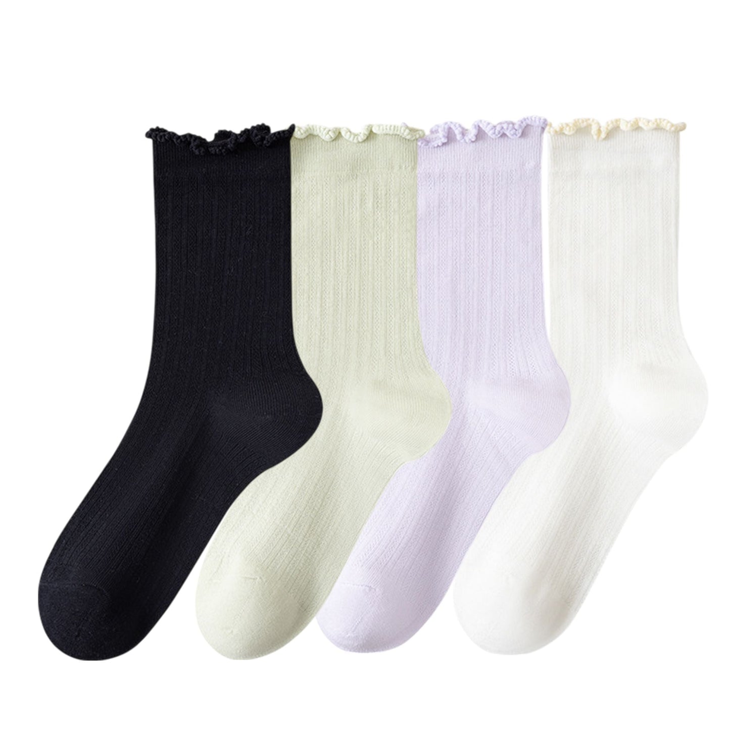 Anna-Kaci Women's 4-Pair Pack Soft Ribbed Ankle Socks with Ruffled Edge Trim Lightweight Knit Design in Multiple Color Combinations