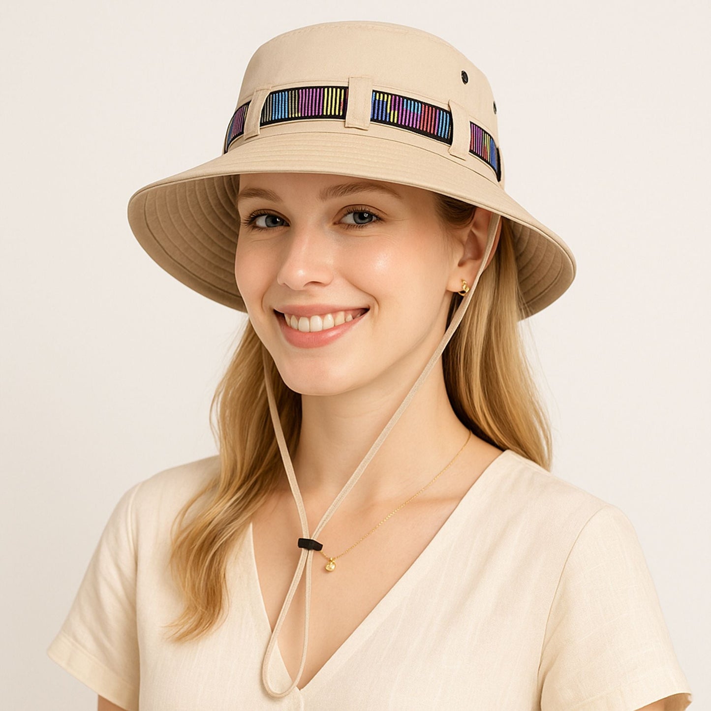 Anna-Kaci Wide Brim Bucket Hat with Colorful Ribbon Trim Breathable Mesh Lining and Adjustable Chin Strap for Outdoor Use