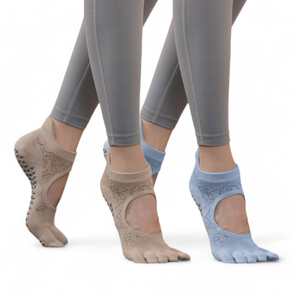 Alilang Women's 2-Pack Non-Slip Five-Toe Yoga Socks with Open Top Design for Stability and Comfort - One Size Fits Most
