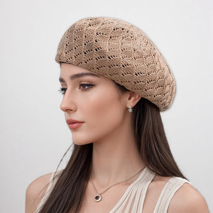Anna-Kaci Women's Lightweight Crochet Beret Hat with Open Knit Pattern and Soft Stretch Fit
