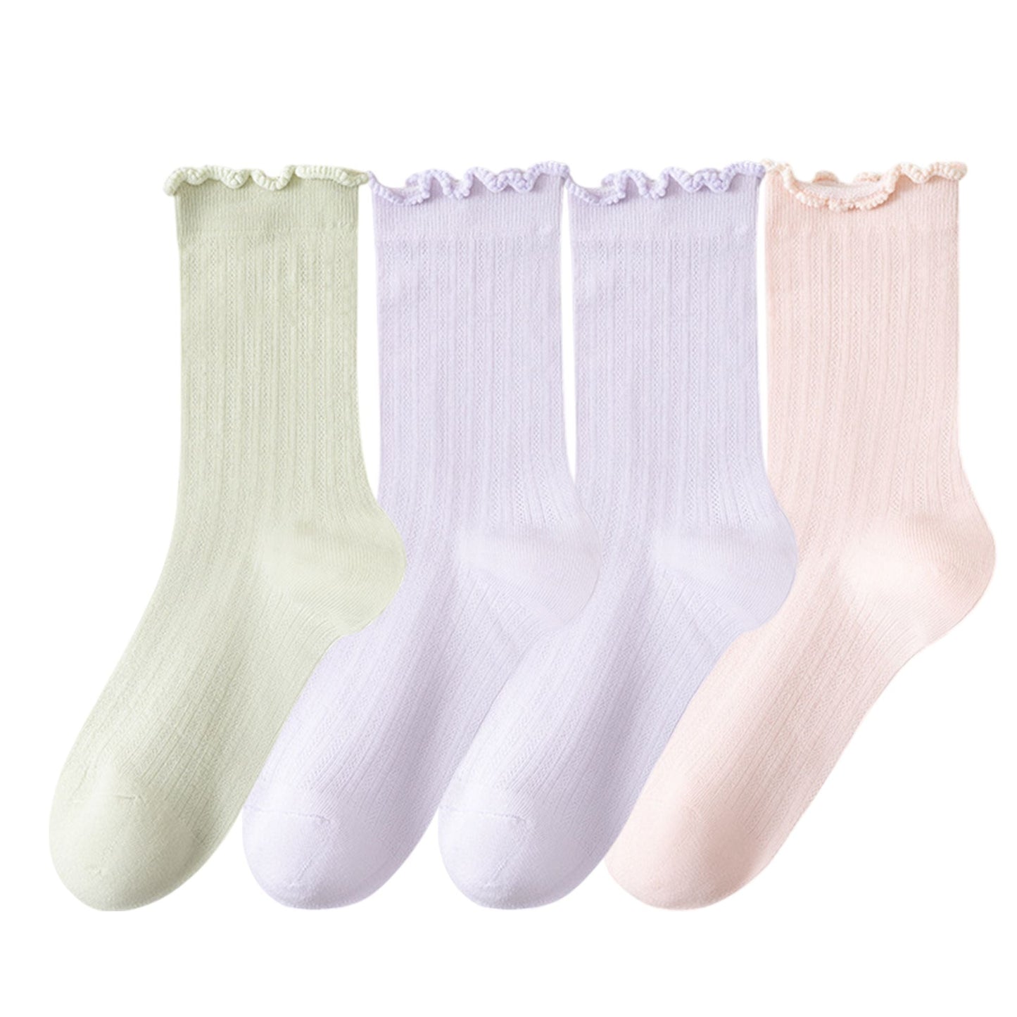 Anna-Kaci Women's 4-Pair Pack Soft Ribbed Ankle Socks with Ruffled Edge Trim Lightweight Knit Design in Multiple Color Combinations