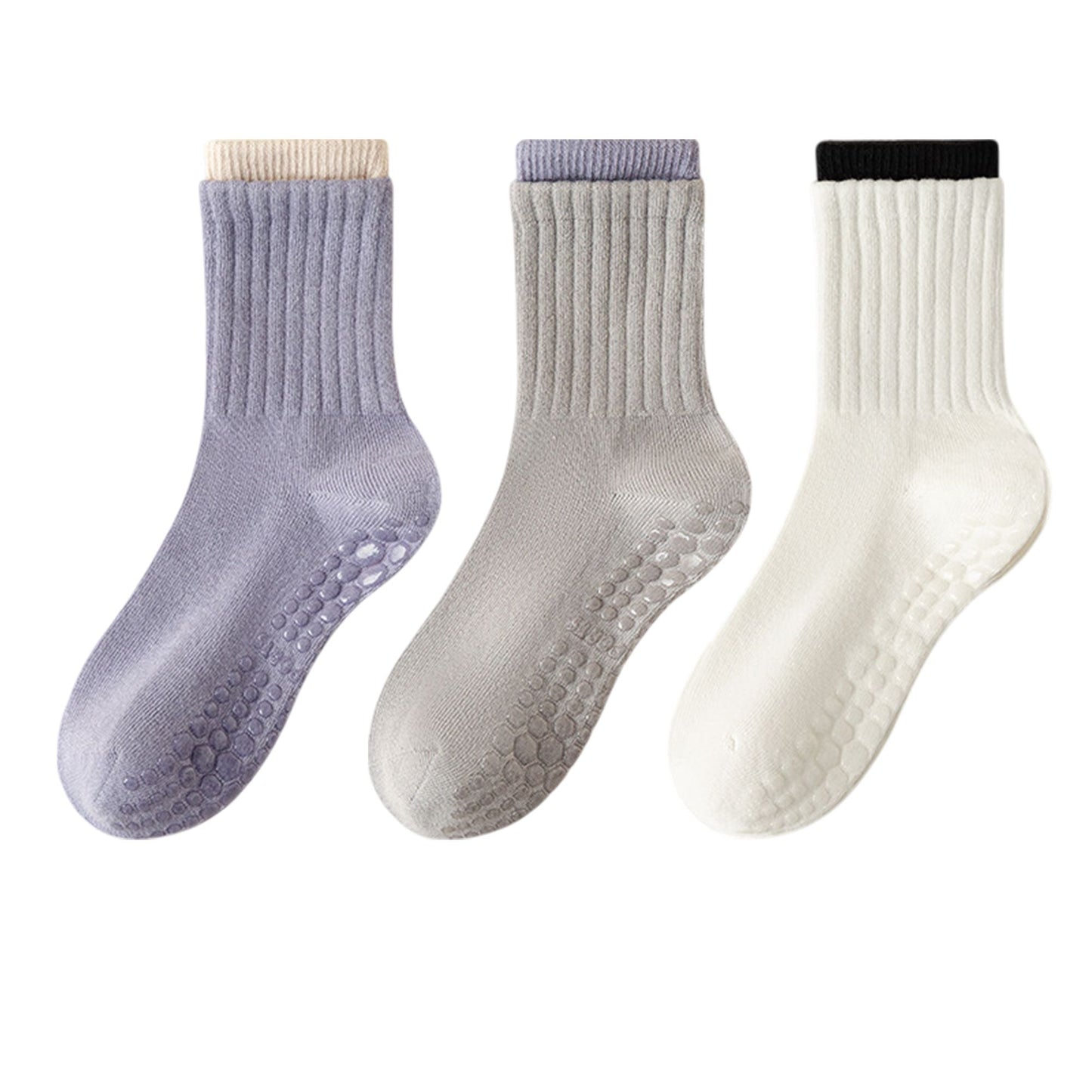 Anna-Kaci Womens Non-Slip Grip Crew Socks 3 Pair Pack Custom Color Combos Soft Ribbed Cotton with 3D Silicone Heel