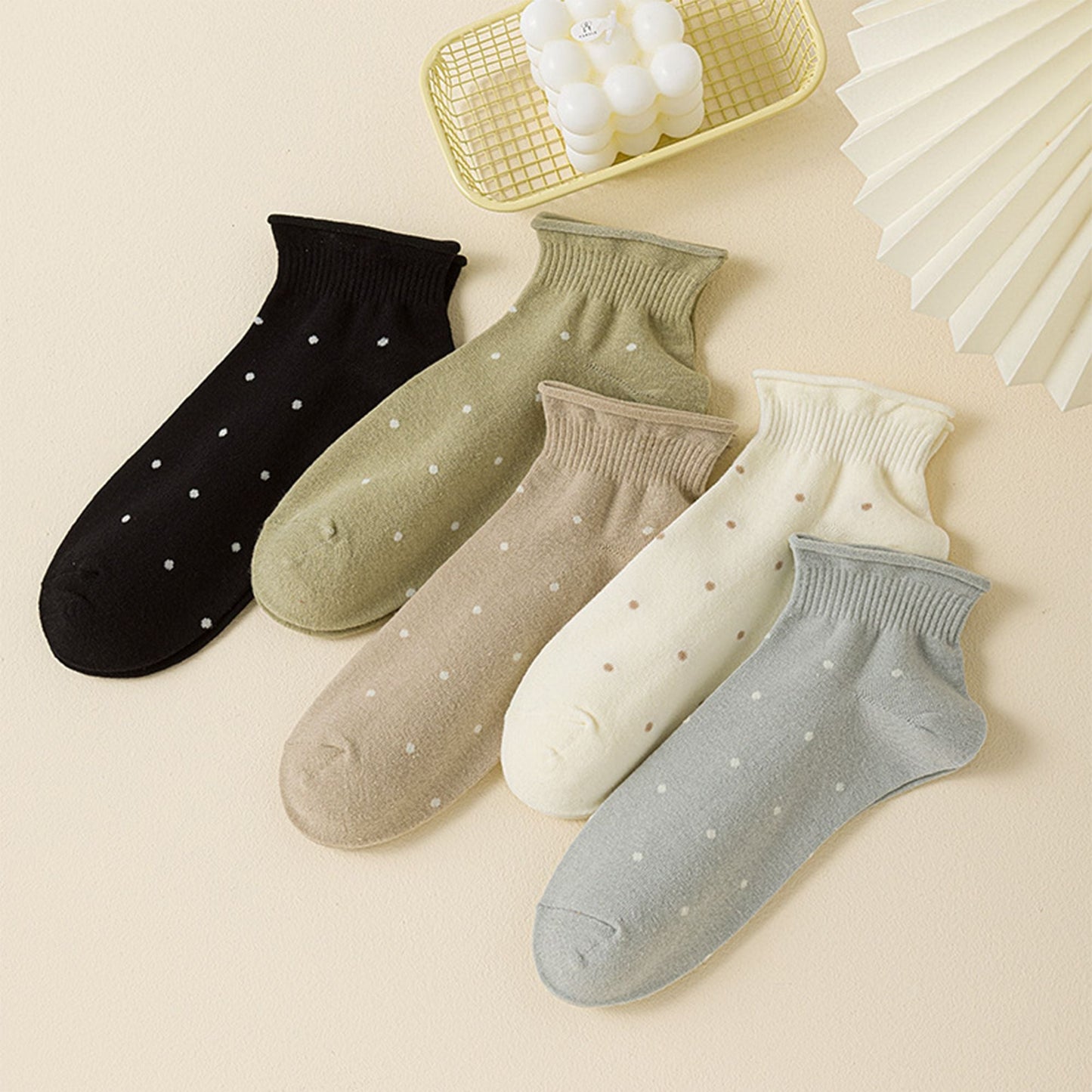 Anna-Kaci 5 Pairs Women¡¯s Ankle Socks Soft Ribbed Top with Small Polka Dot Pattern for Loafers Ballet Flats or Sneakers