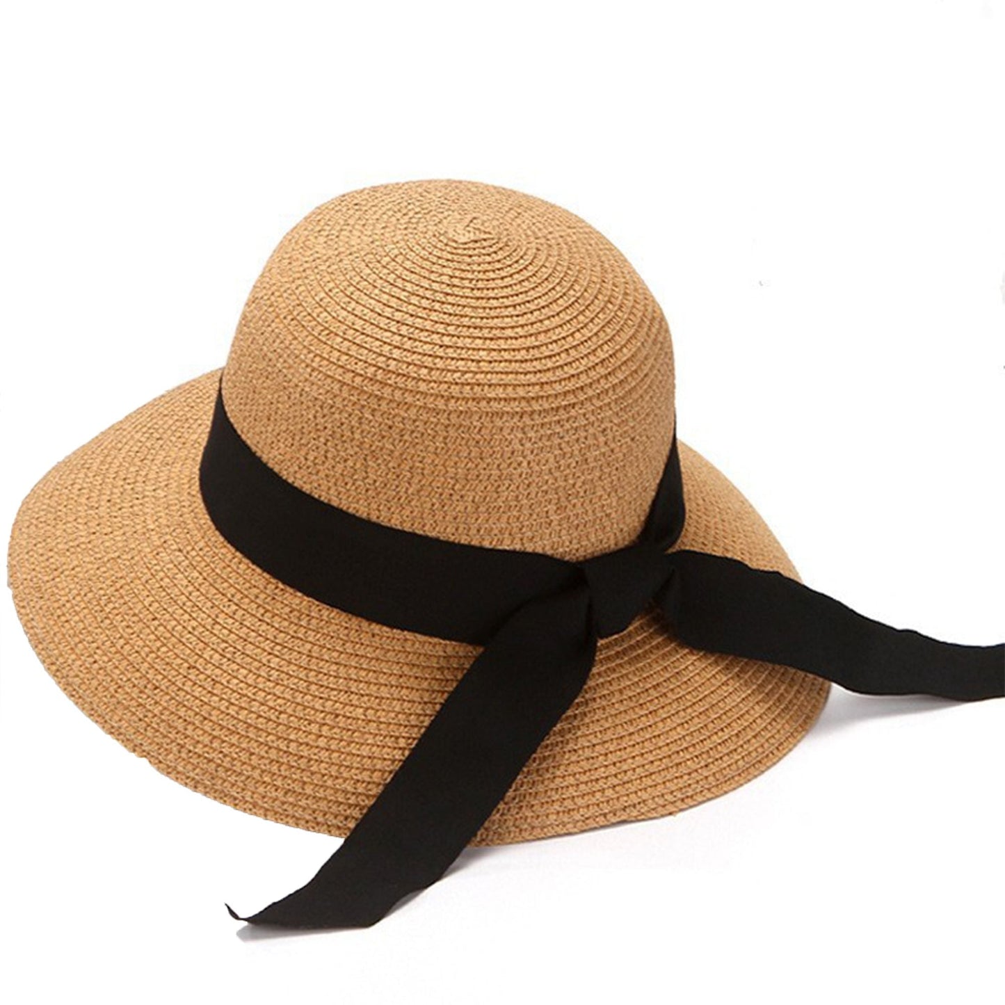 Anna-Kaci Wide Brim Straw Sun Hat with Black Ribbon Bow Adjustable Chin Strap Inner Sweatband for Outdoor and Travel Use