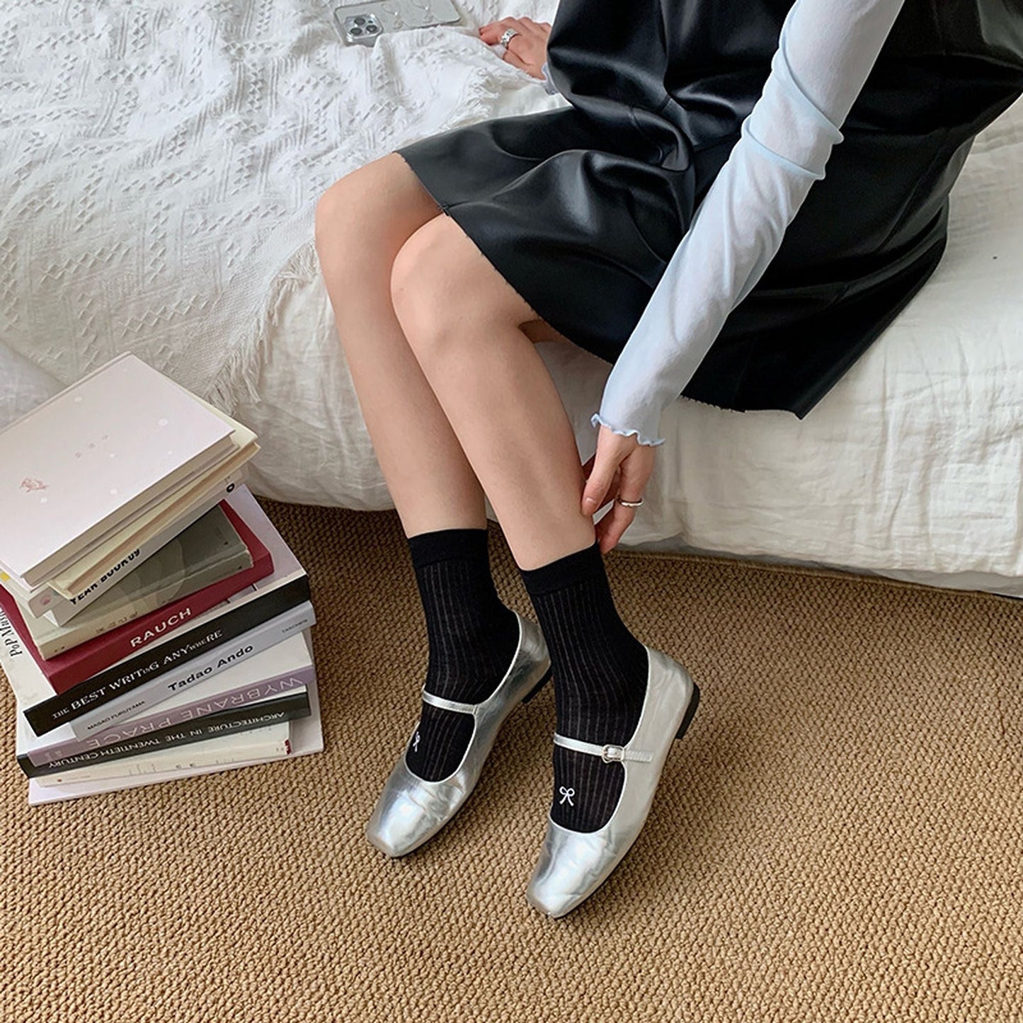 Anna-Kaci Women's Ribbed Ankle Socks with Bow Embroidery 6Pk