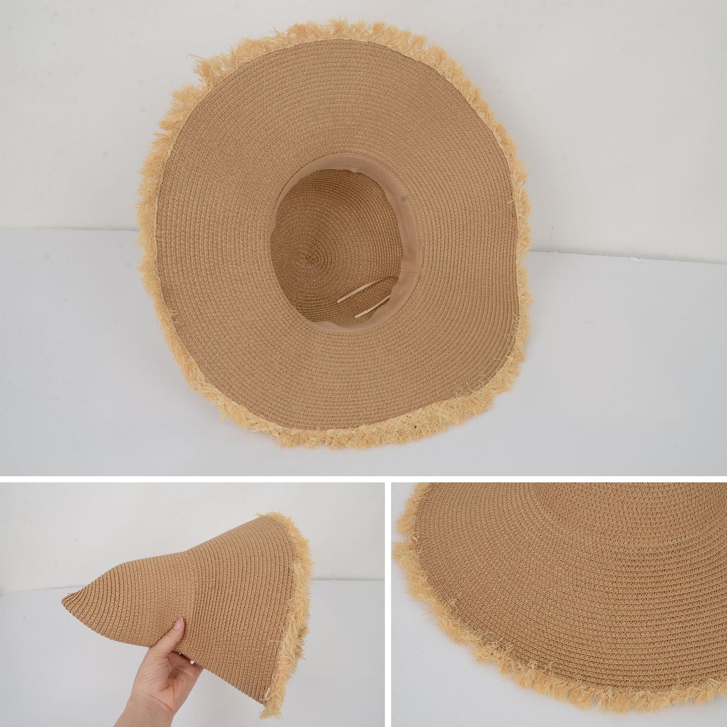 Anna-Kaci Wide Brim Straw Floppy Hat with Frayed Edges Lightweight Sun Protection for Beach Vacation Outdoor Travel Style