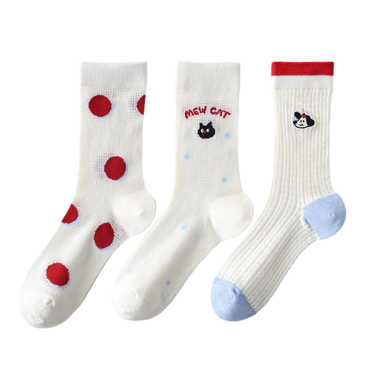 Anna-Kaci Womens Cute Cartoon Embroidered Crew Socks 3-Pair Pack Fun Patterned Cotton Knit Soft and Stretchy Casual Style