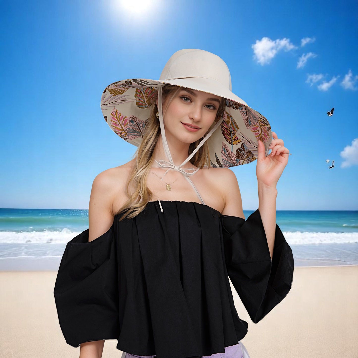 Anna-Kaci Wide Brim Sun Hat with Ponytail Hole Neck Tie Closure and Patterned Lining for UV Protection and Outdoor Style
