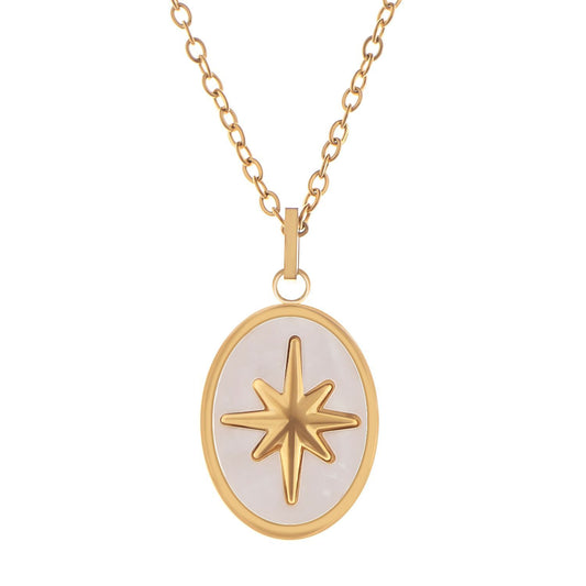 Women's Stainless Steel Necklace with 18K Gold Plated Starburst Pendant, Mother of Pearl Inlay, Adjustable Chain, Unique Design
