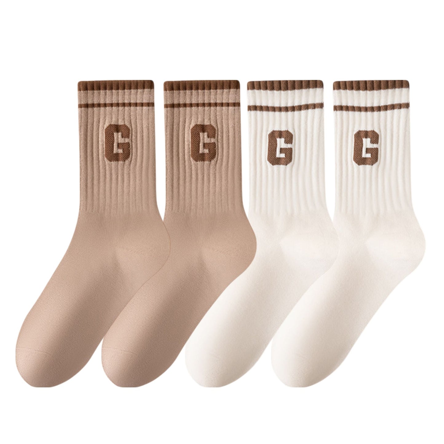 Anna-Kaci Women's 4-Pair Pack Ribbed Cotton Crew Socks with Striped Cuffs and G Letter Detail in Neutral Athletic Color Combinations