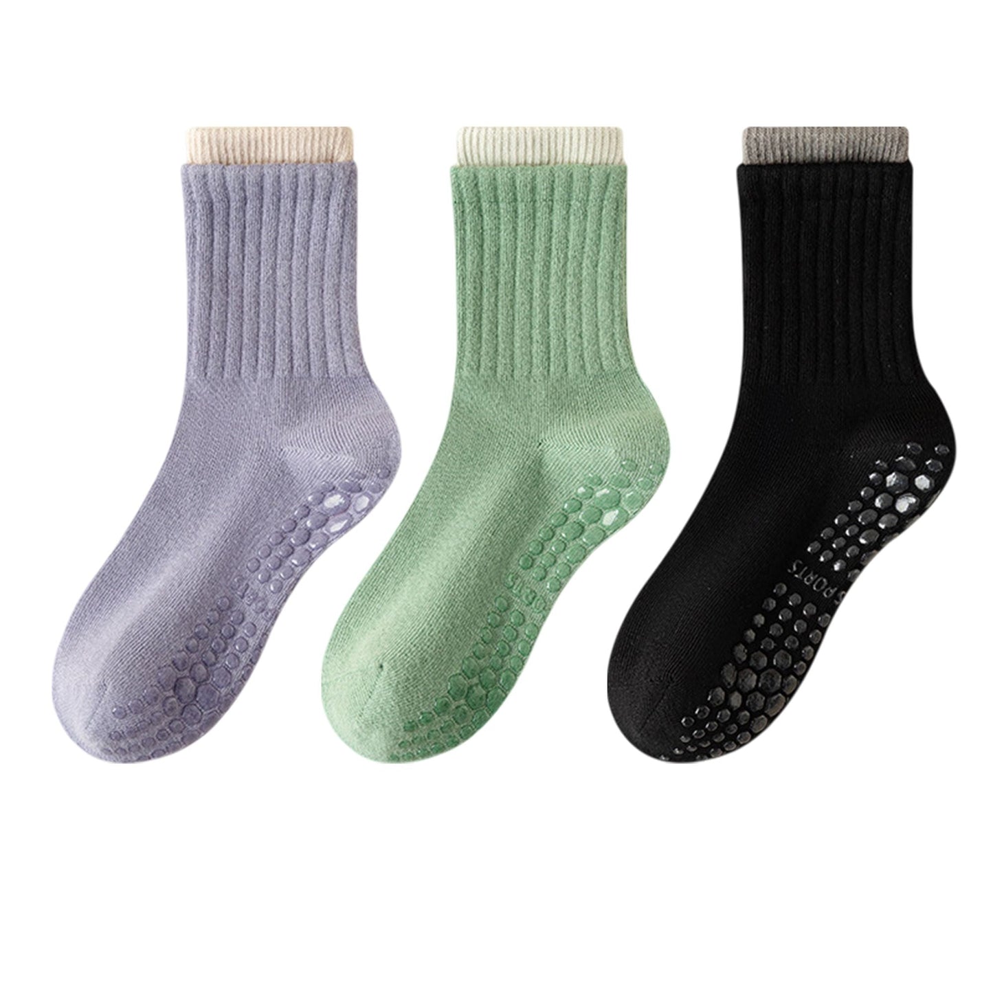 Anna-Kaci Womens Non-Slip Grip Crew Socks 3 Pair Pack Custom Color Combos Soft Ribbed Cotton with 3D Silicone Heel