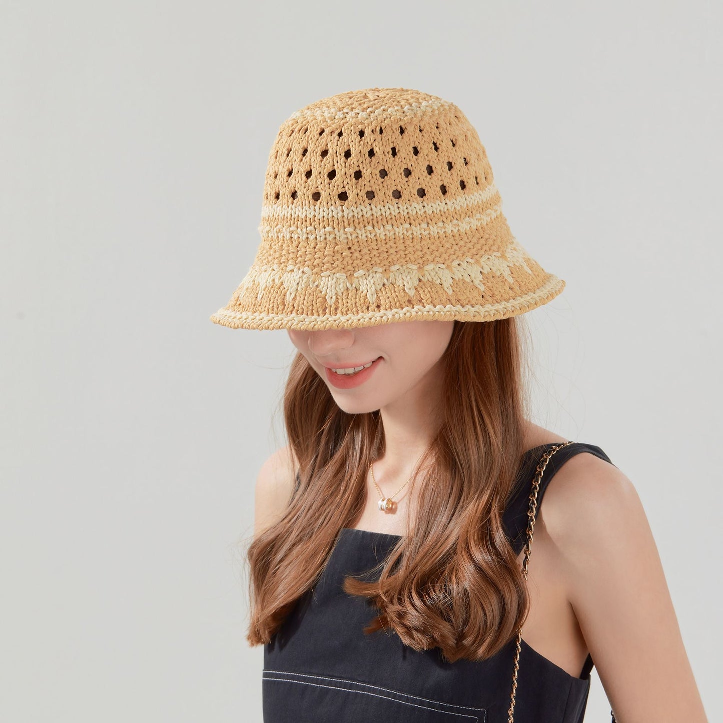Anna-Kaci Crochet Knit Bucket Hat with Openwork Floral Pattern and Rolled Brim for Lightweight Summer Style