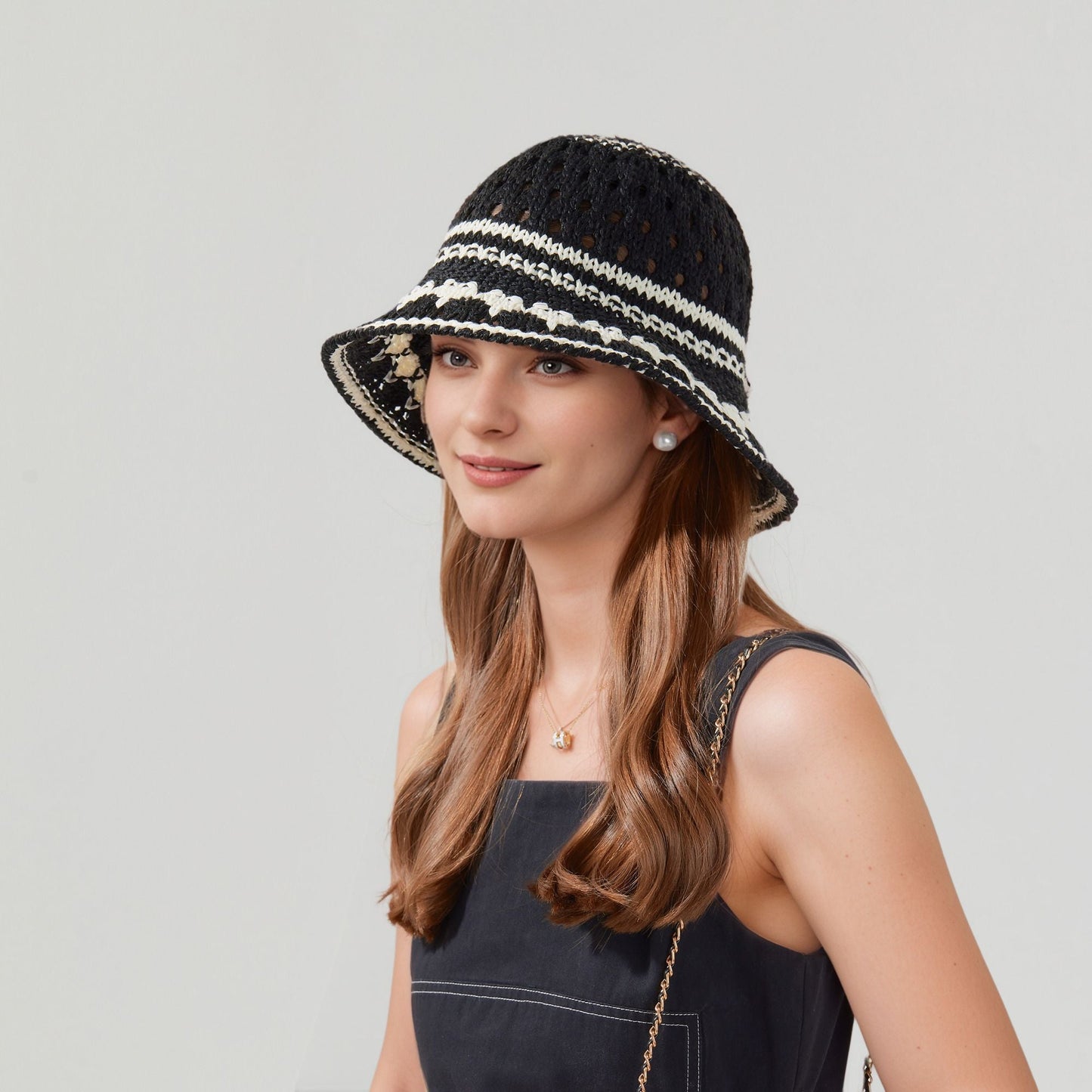 Anna-Kaci Crochet Knit Bucket Hat with Openwork Floral Pattern and Rolled Brim for Lightweight Summer Style