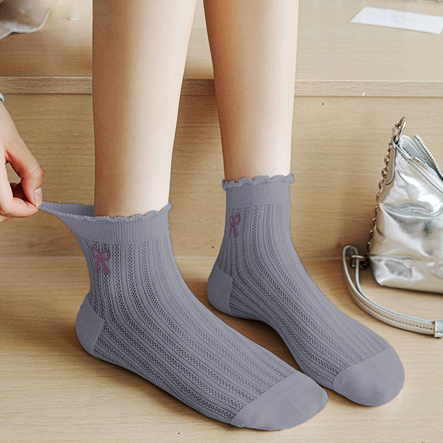 Anna-Kaci Women's Summer Ribbed Ankle Socks with Bow Embroidery 5Pk