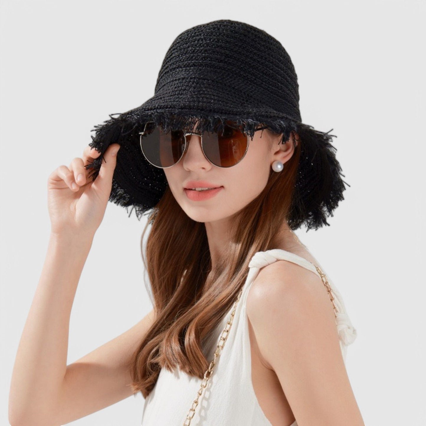 Anna-Kaci Women's Woven Bucket Hat with Soft Frayed Brim and Lightweight Straw Texture