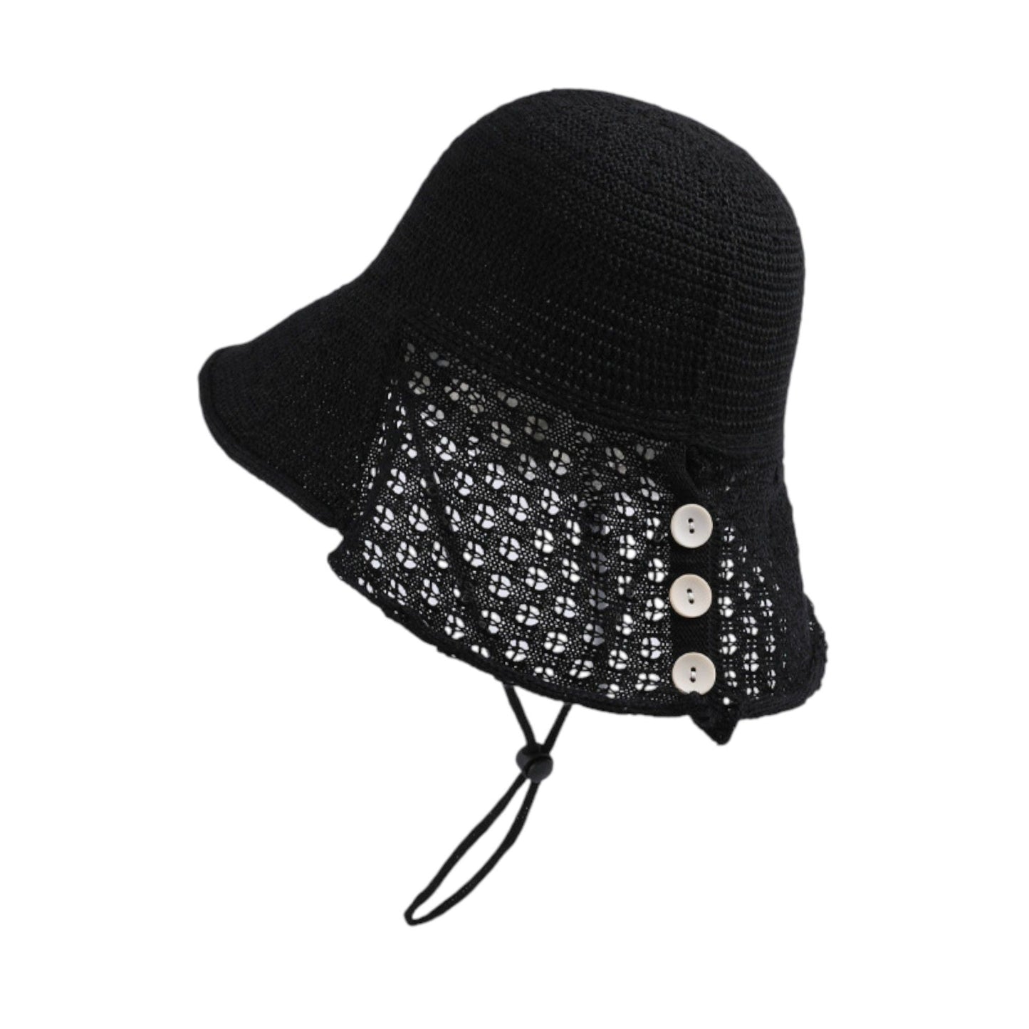 Anna-Kaci Crochet Bucket Hat with Adjustable Chin Strap and Back Button Eyelet Panel for Sun Protection