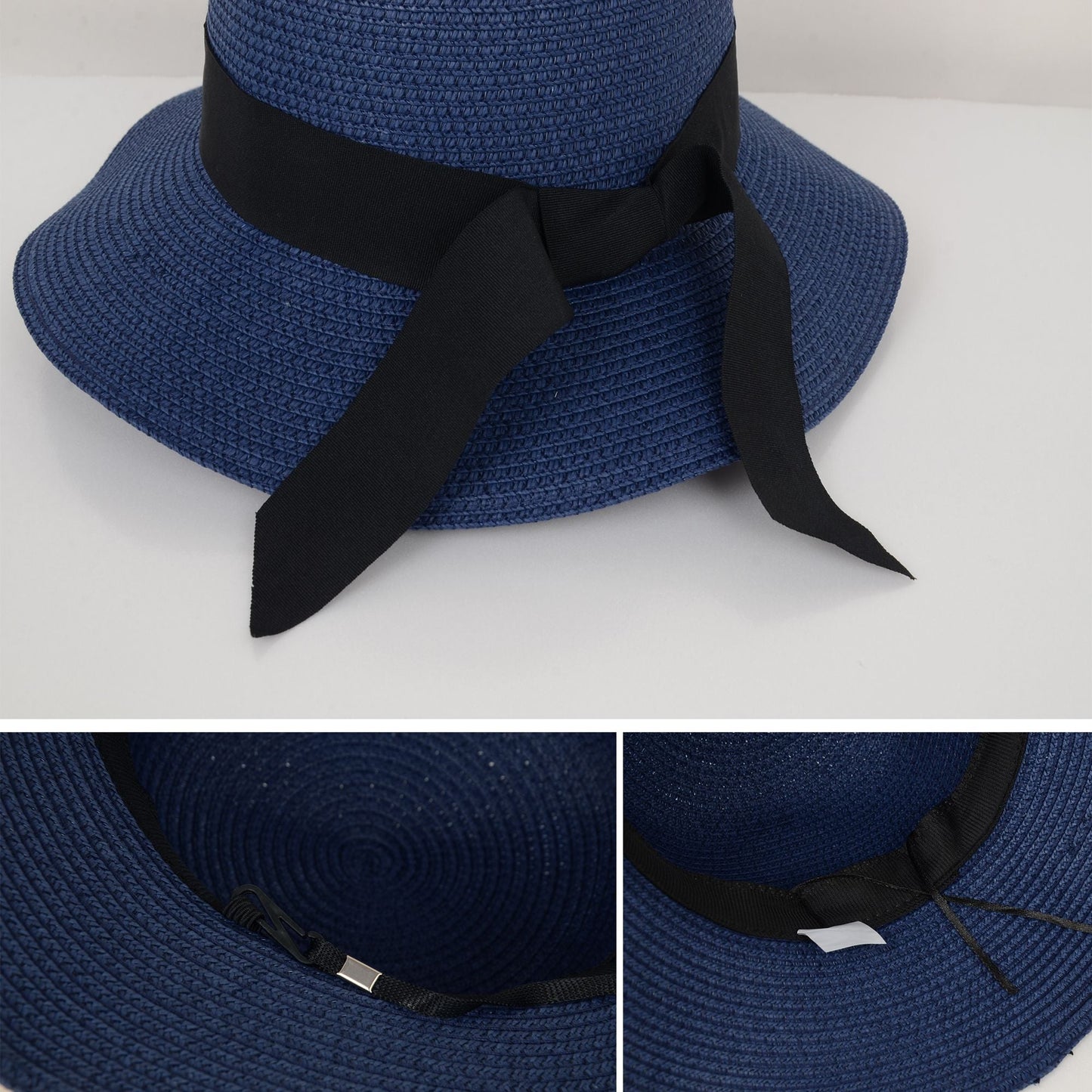 Anna-Kaci Wide Brim Straw Sun Hat with Black Ribbon Bow Adjustable Chin Strap Inner Sweatband for Outdoor and Travel Use