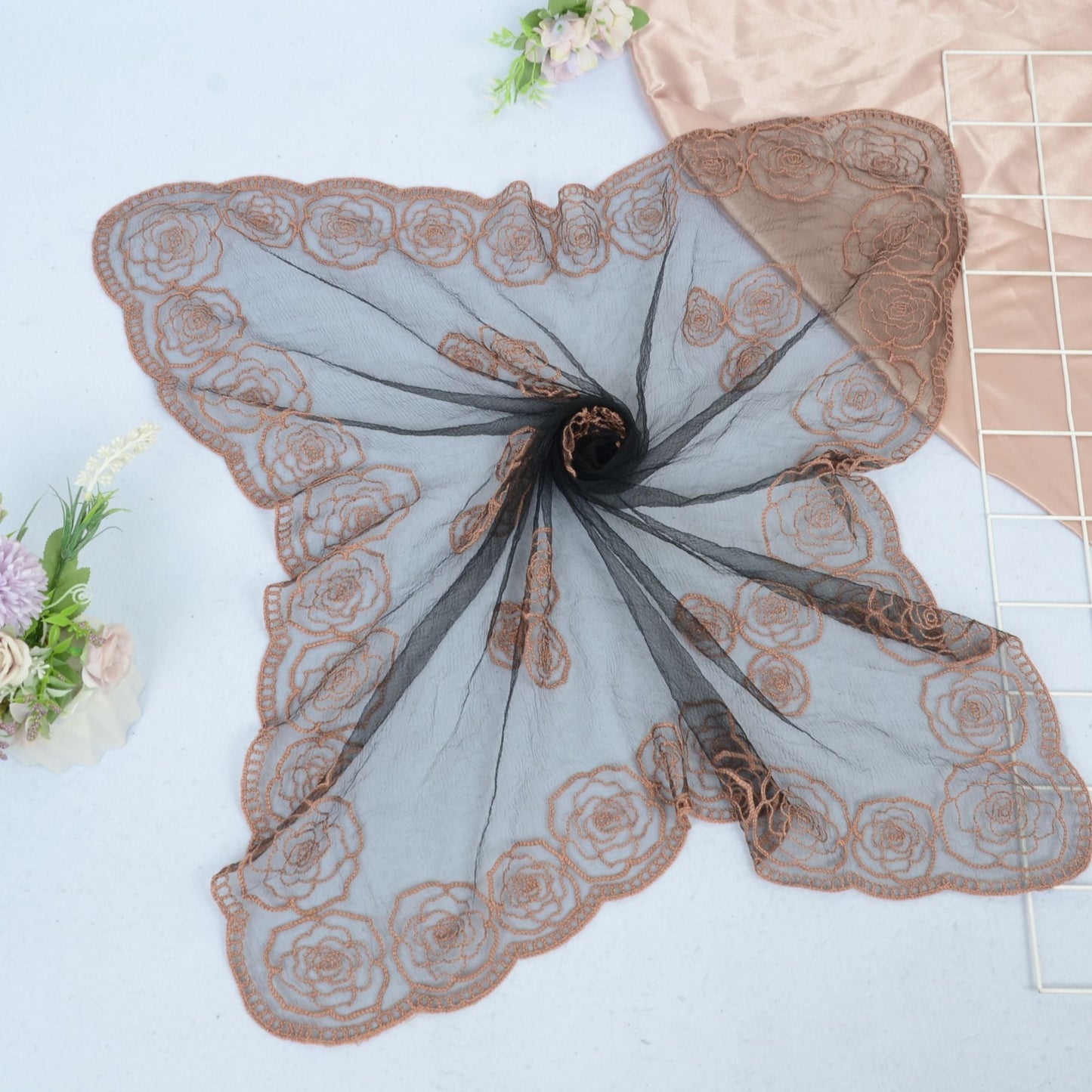 Anna-Kaci Women's Sheer Lace Neck Scarf with Embroidered Rose Floral Edging and Scalloped Trim Detail