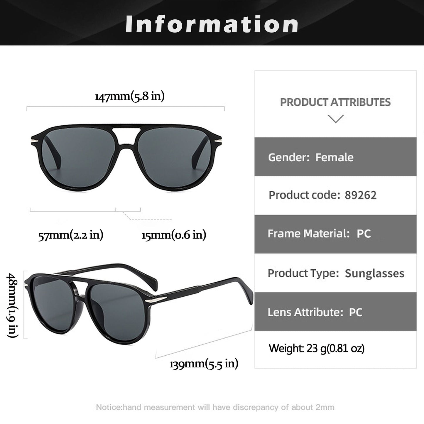 Anna-Kaci Women's Retro-Inspired Double-Bridge Square Sunglasses