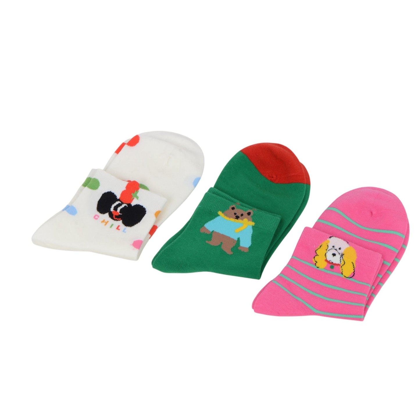 Anna-Kaci Renaissance Women 3-Pair Ankle Socks Set Assorted Patterns Featuring Colorblock, Cartoon Characters, and Butterfly Prints