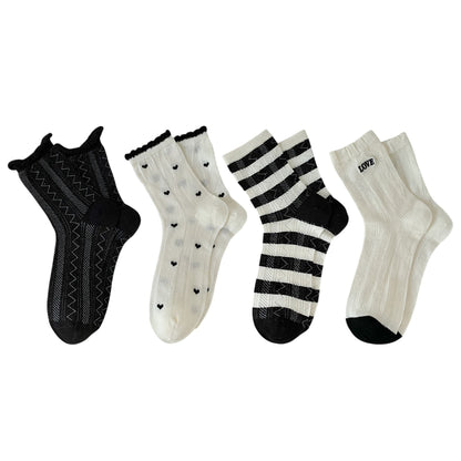 Anna-Kaci 4 Pairs Women's Crew Socks with Black and White Patterns Soft Cotton Texture Heart and Stripe for Flats and Dress Shoes